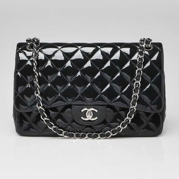 Chanel Dark Blue Quilted Patent Leather Classic Jumbo Double Flap Bag - Picture 1 of 12